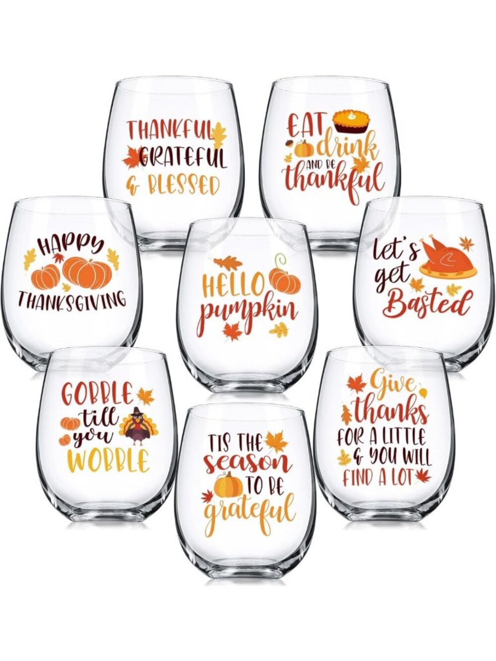 Set of 8 Fall Stemless Wine Glasses - 12 oz Autumn Thanksgiving Drinkware